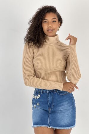 Beige Turtle Neck Slim Fit Sweater - Brand: MISS POEM - Women & Kids, Baby Clothes Wholesale - Globality Store