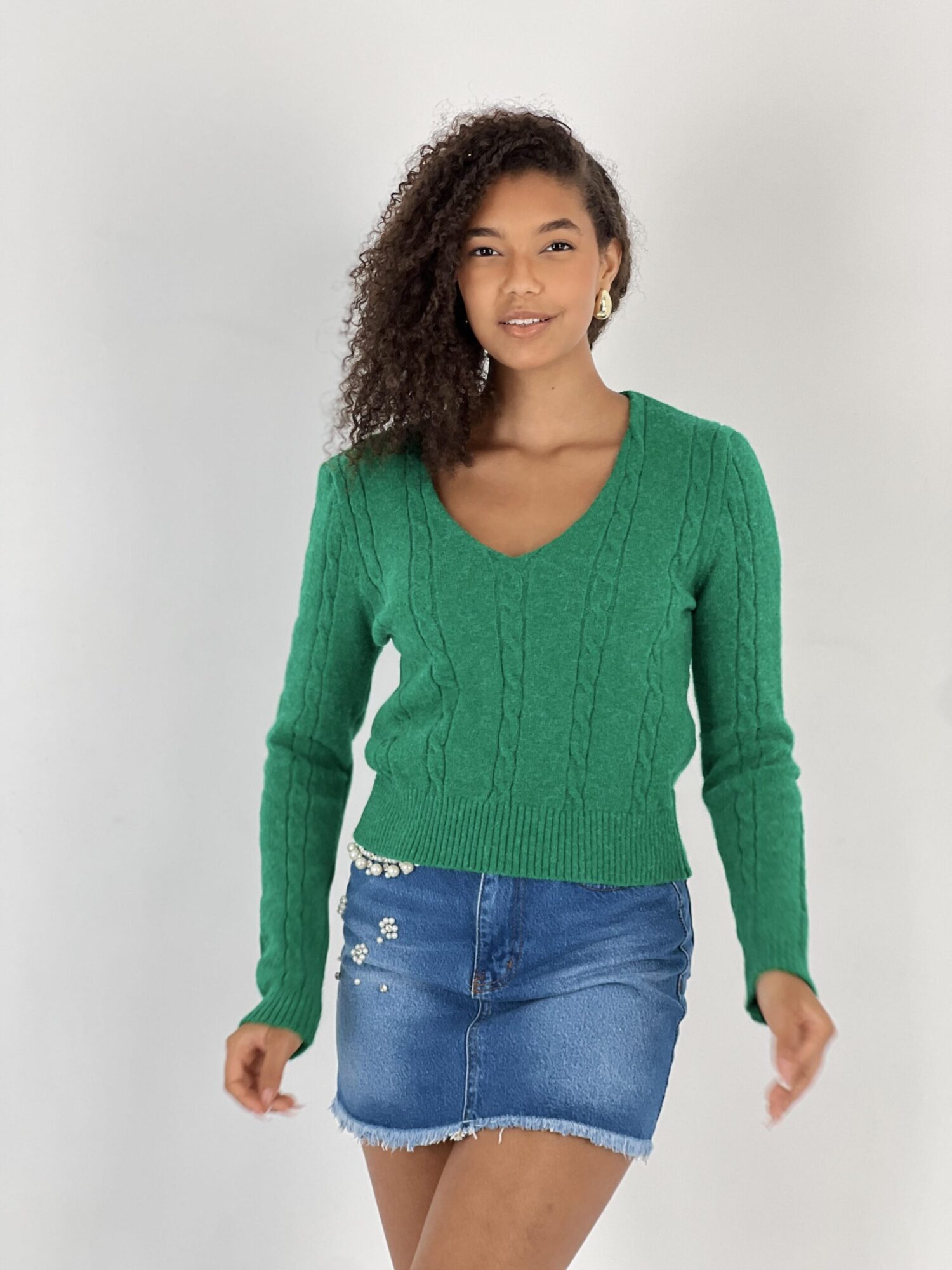 Green Casual V-Neck Sweater With Long Sleeves - Brand: MISS POEM - Women & Kids, Baby Clothes Wholesale - Globality Store