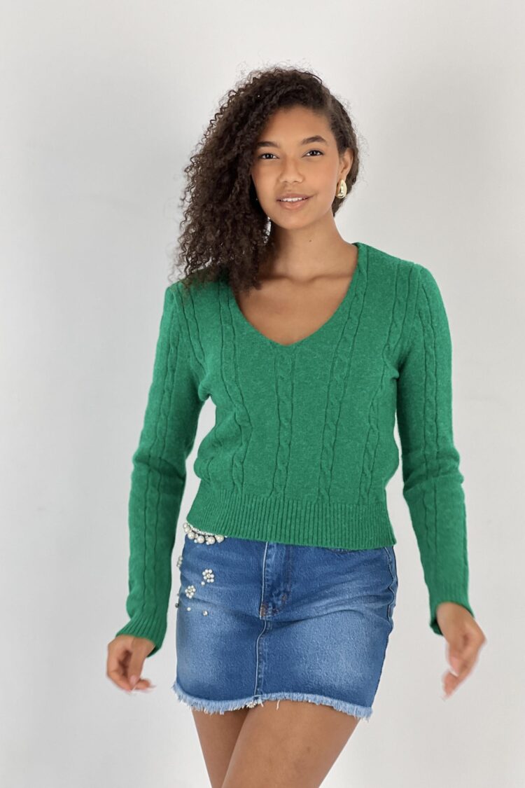 Green Casual V-Neck Sweater With Long Sleeves - Brand: MISS POEM - Women & Kids, Baby Clothes Wholesale - Globality Store