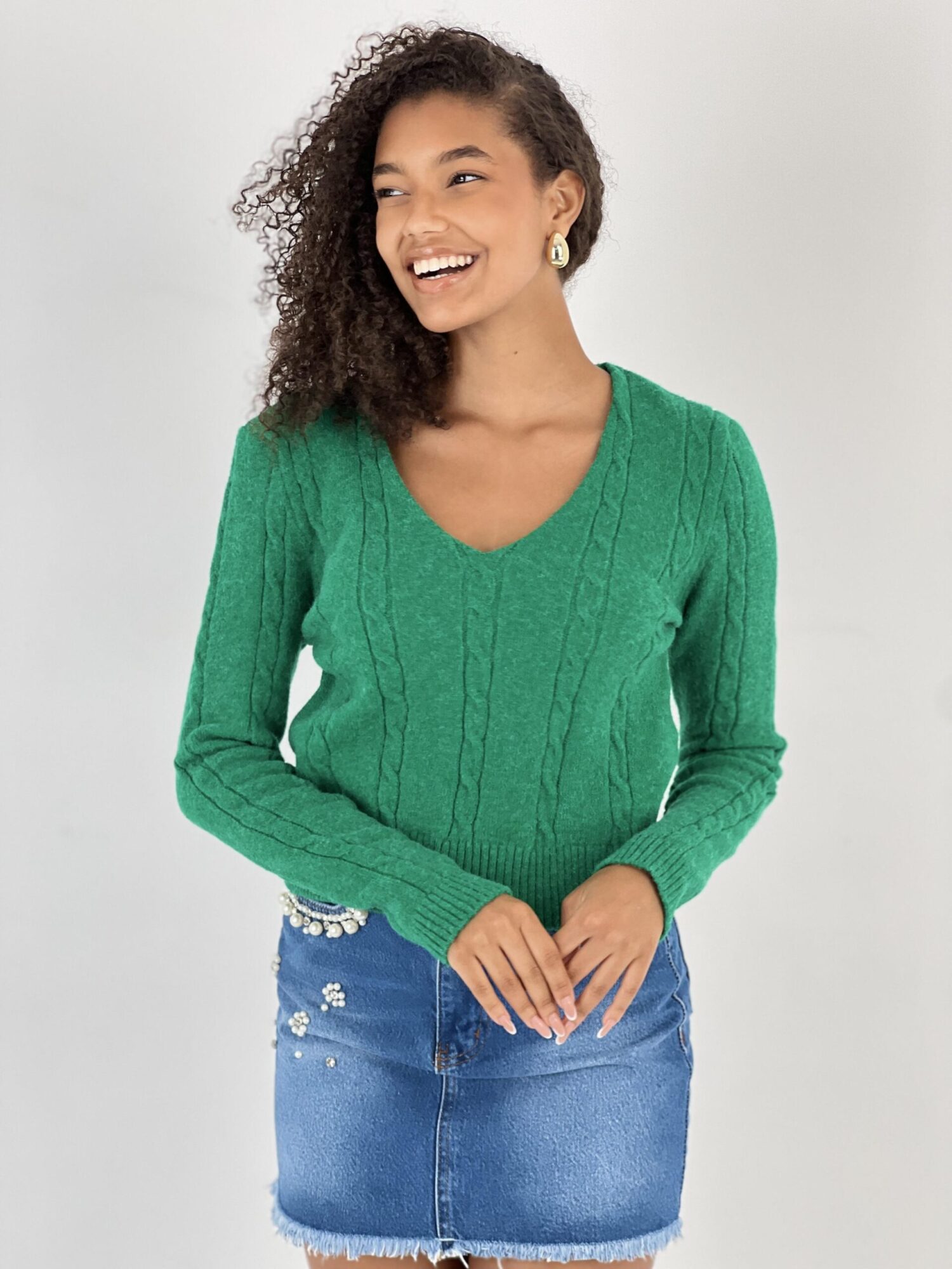 Green Casual V-Neck Sweater With Long Sleeves - Brand: MISS POEM - Women & Kids, Baby Clothes Wholesale - Globality Store