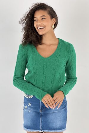 Green Casual V-Neck Sweater With Long Sleeves - Brand: MISS POEM - Women & Kids, Baby Clothes Wholesale - Globality Store
