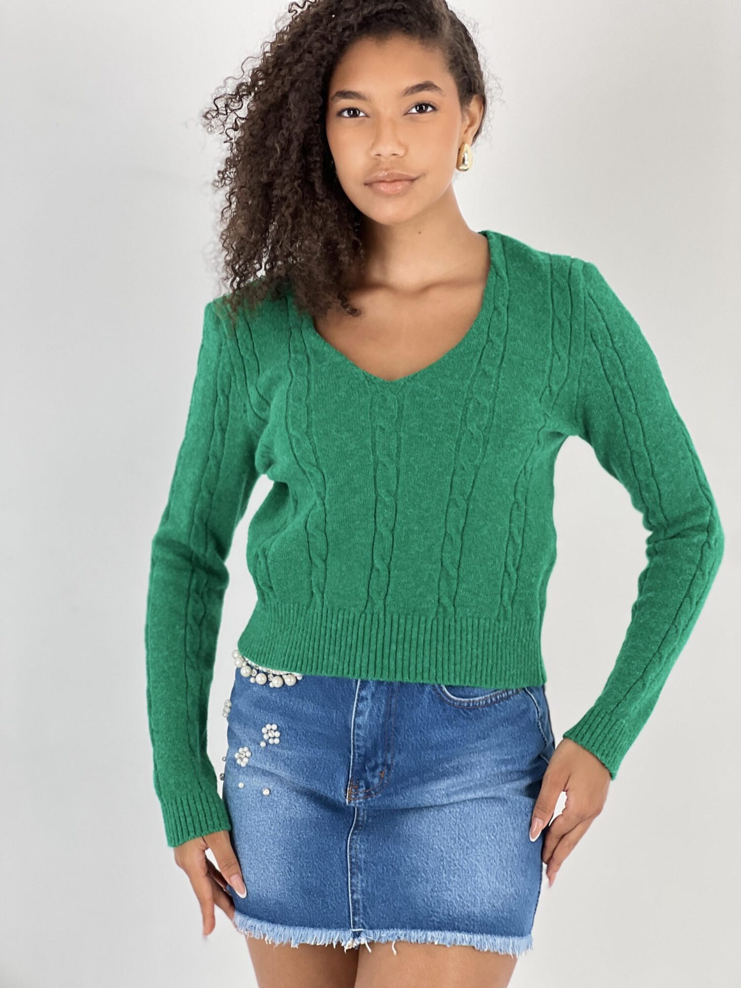 Green Casual V-Neck Sweater With Long Sleeves - Brand: MISS POEM - Women & Kids, Baby Clothes Wholesale - Globality Store
