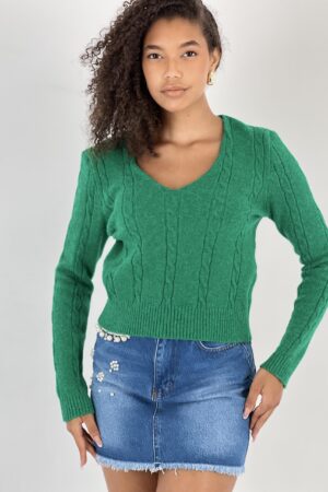 Green Casual V-Neck Sweater With Long Sleeves - Brand: MISS POEM - Women & Kids, Baby Clothes Wholesale - Globality Store