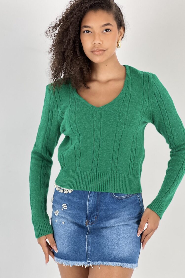 Green Casual V-Neck Sweater With Long Sleeves