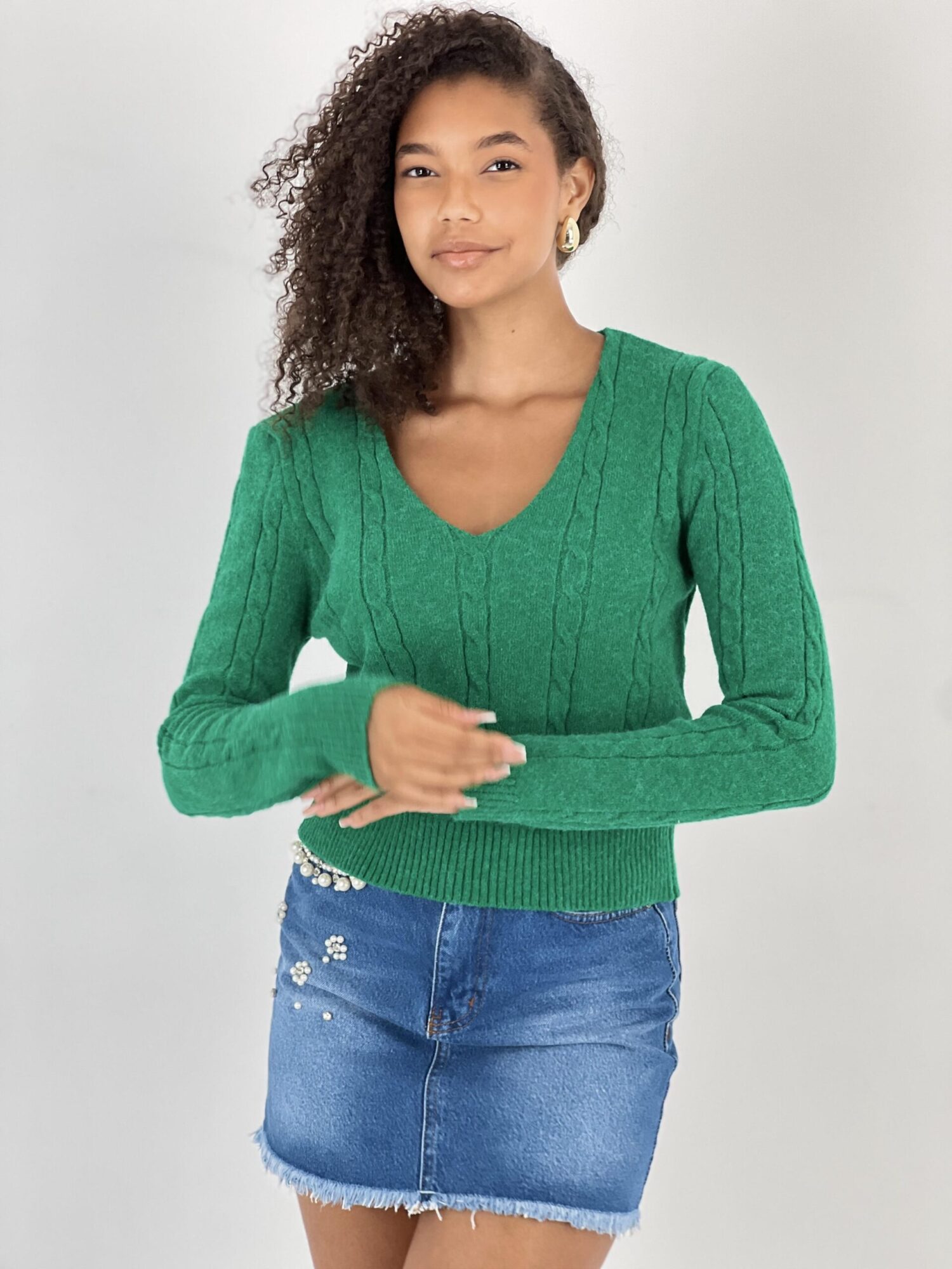 Green Casual V-Neck Sweater With Long Sleeves - Brand: MISS POEM - Women & Kids, Baby Clothes Wholesale - Globality Store