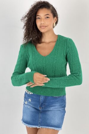 Green Casual V-Neck Sweater With Long Sleeves - Brand: MISS POEM - Women & Kids, Baby Clothes Wholesale - Globality Store