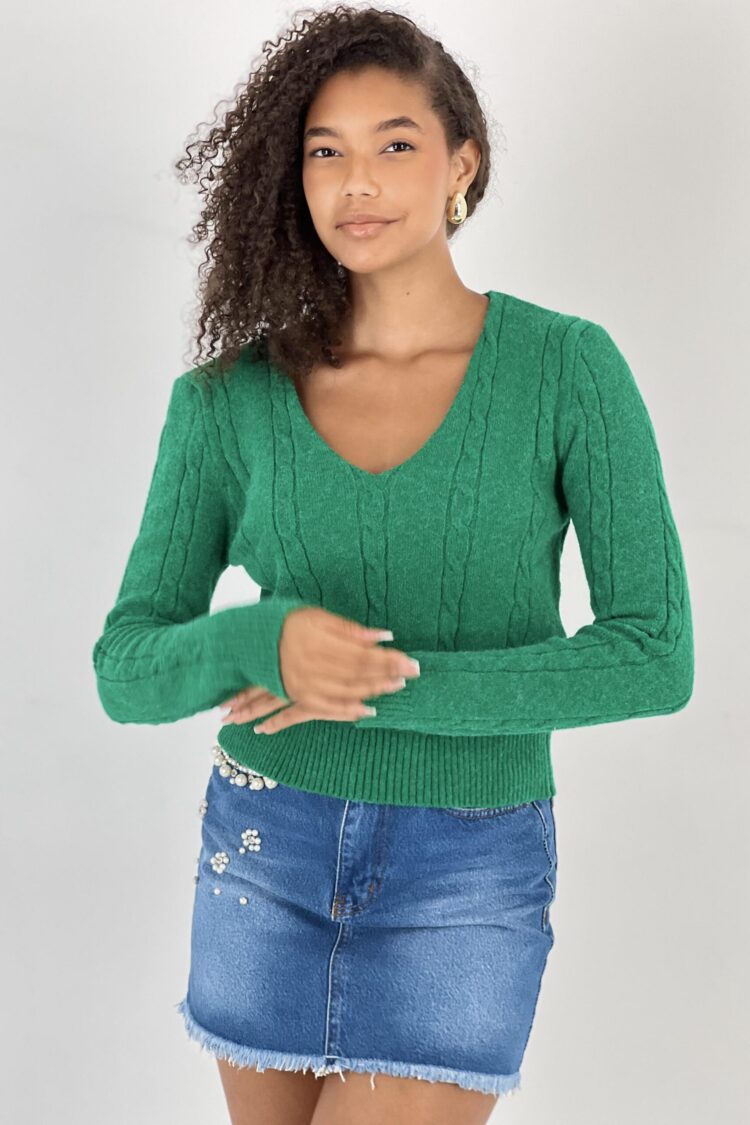 Green Casual V-Neck Sweater With Long Sleeves