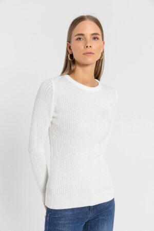 White Sweater With Slim Fit And Round Neck - Brand: MISS POEM - Women & Kids, Baby Clothes Wholesale - Globality Store
