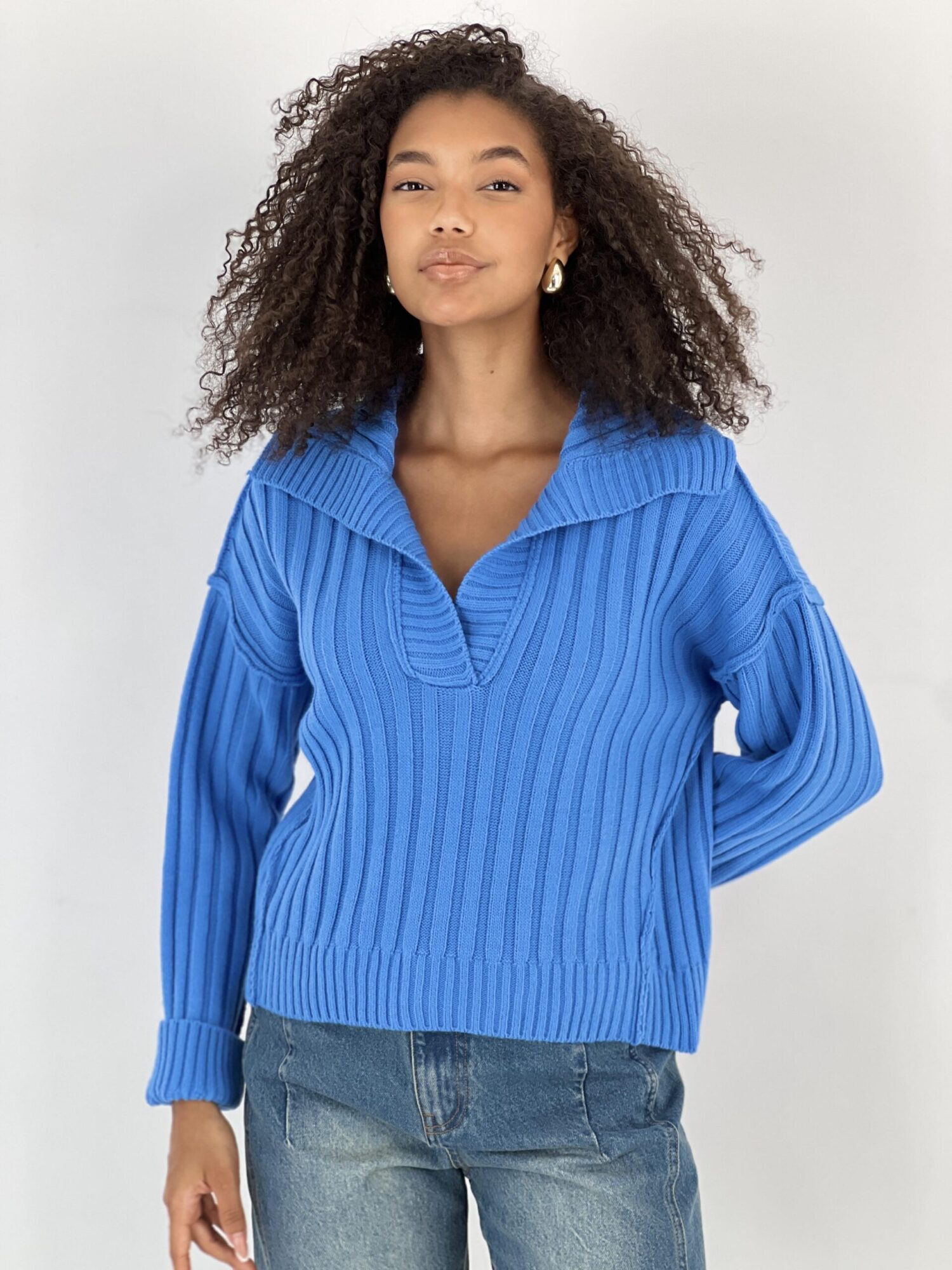 Blue Striped V-Neck Sweater With Long Sleeves - Brand: MISS POEM - Women & Kids, Baby Clothes Wholesale - Globality Store