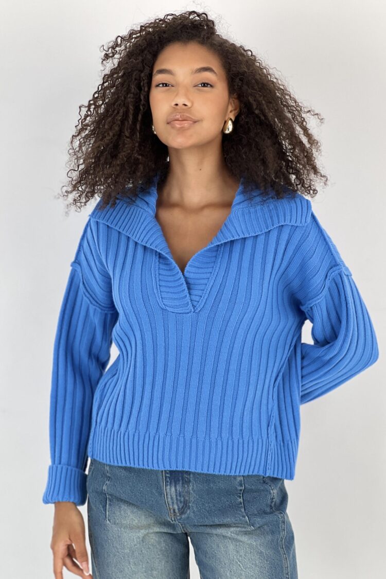 Blue Striped V-Neck Sweater With Long Sleeves - Brand: MISS POEM - Women & Kids, Baby Clothes Wholesale - Globality Store