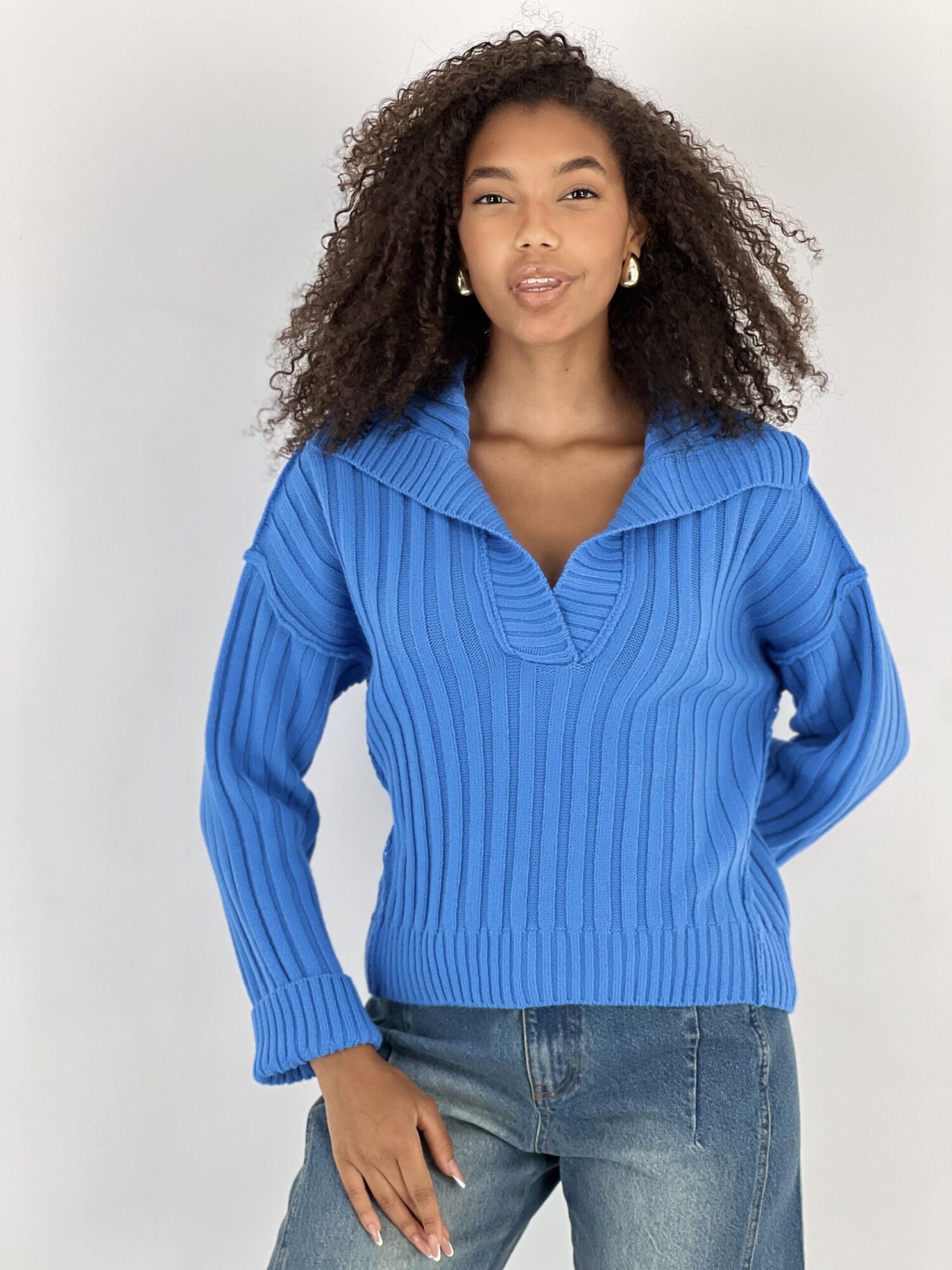 Blue Striped V-Neck Sweater With Long Sleeves - Brand: MISS POEM - Women & Kids, Baby Clothes Wholesale - Globality Store