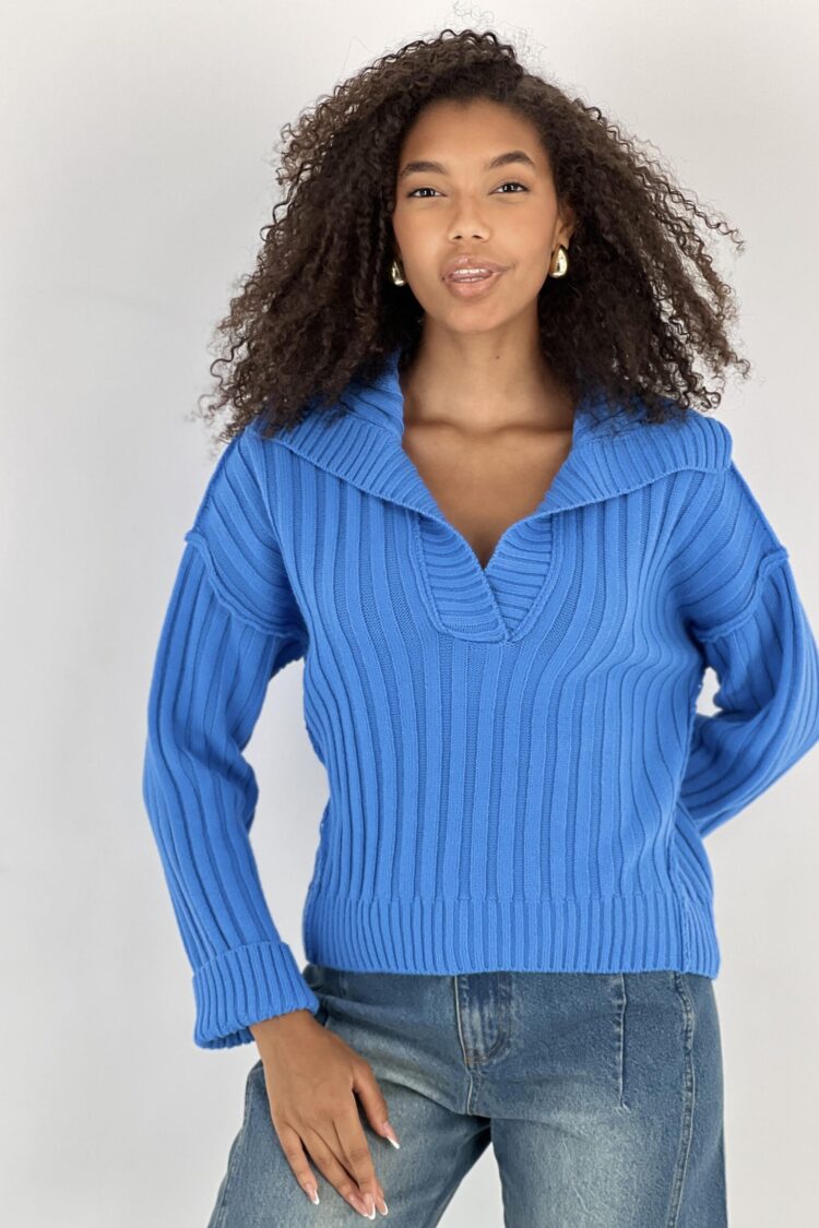 Blue Striped V-Neck Sweater With Long Sleeves