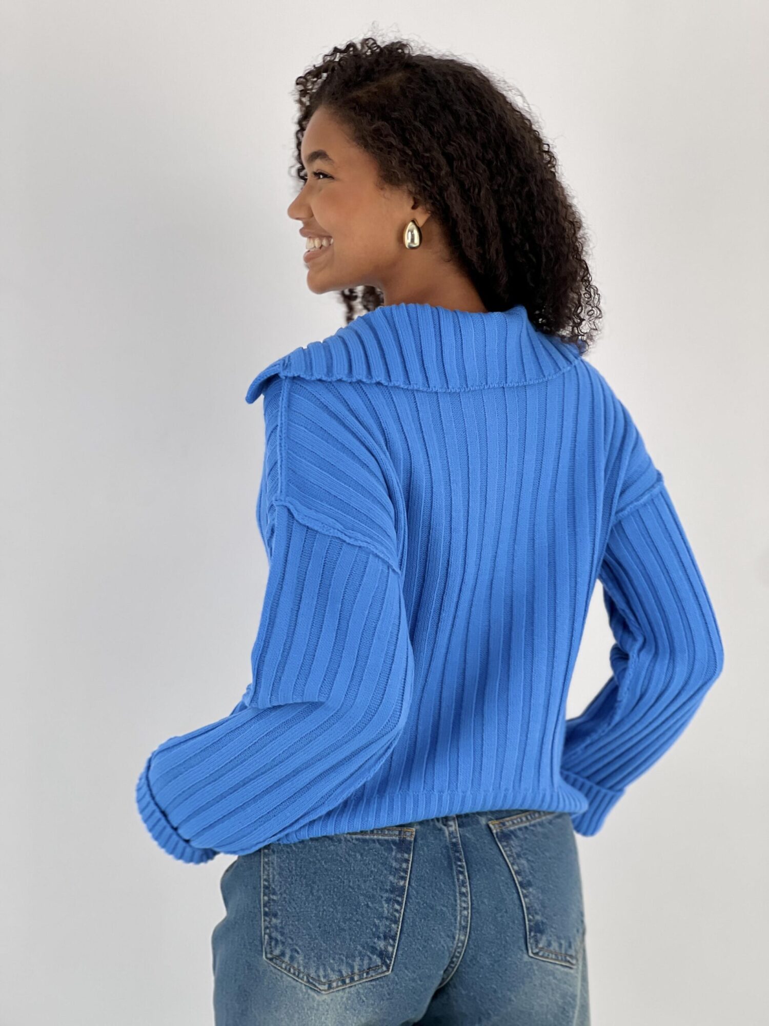Blue Striped V-Neck Sweater With Long Sleeves - Brand: MISS POEM - Women & Kids, Baby Clothes Wholesale - Globality Store