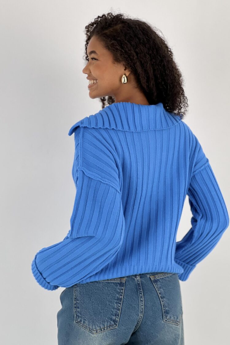 Blue Striped V-Neck Sweater With Long Sleeves