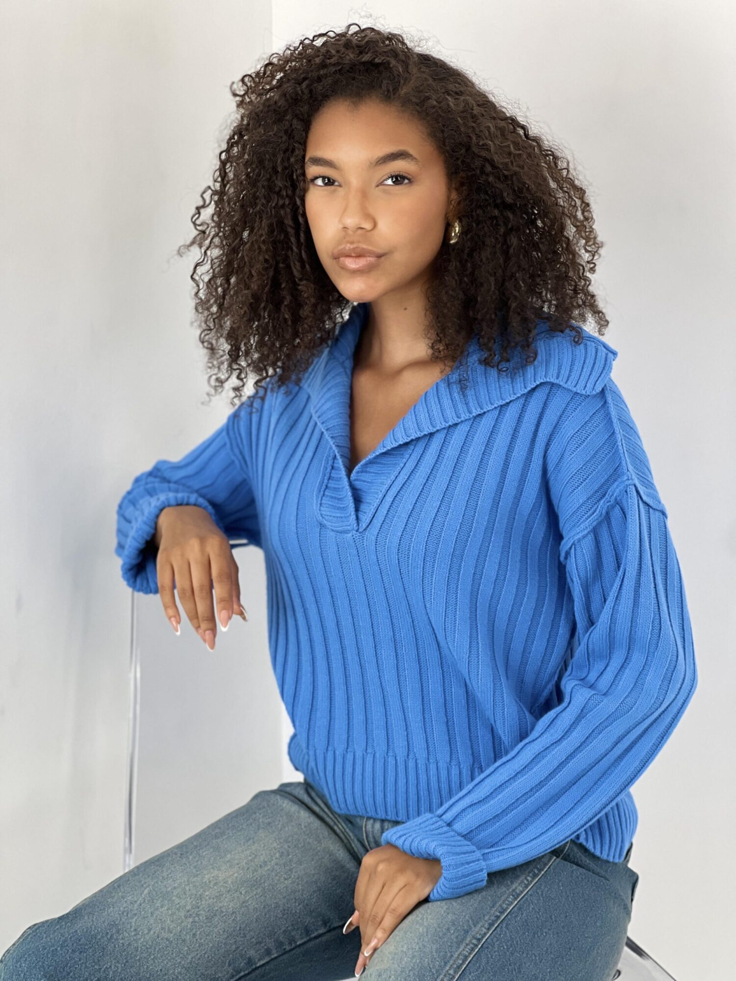 Blue Striped V-Neck Sweater With Long Sleeves - Brand: MISS POEM - Women & Kids, Baby Clothes Wholesale - Globality Store