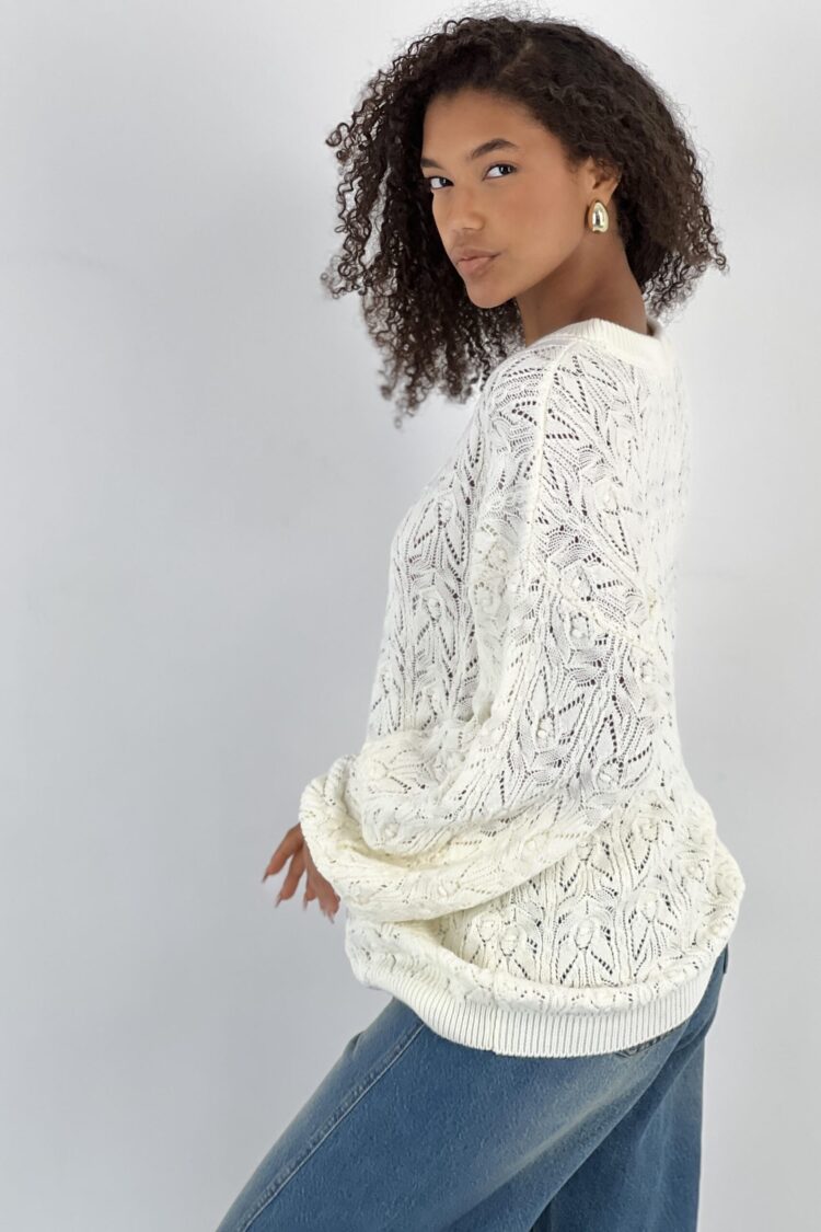White Oversized Fit Sweater With Round Neck