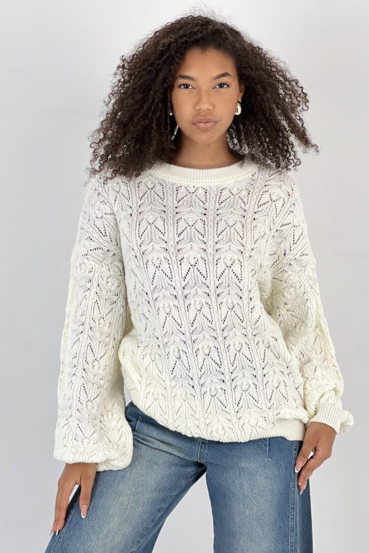 White Oversized Fit Sweater With Round Neck - Brand: MISS POEM - Women & Kids, Baby Clothes Wholesale - Globality Store
