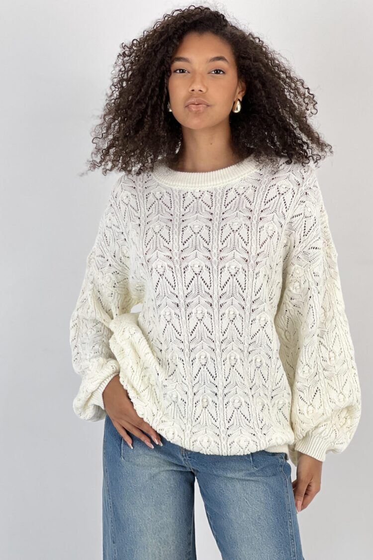 White Oversized Fit Sweater With Round Neck