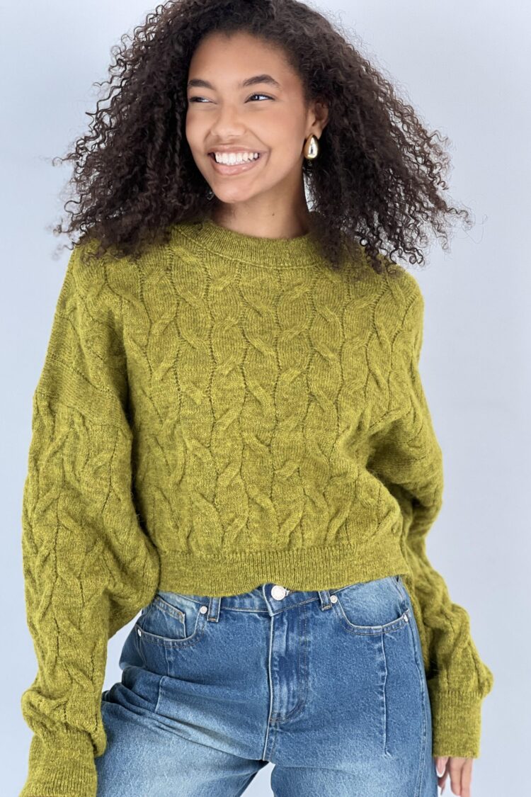 Green Casual Sweater With Crew Neck And Long Sleeves - Brand: MISS POEM - Women & Kids, Baby Clothes Wholesale - Globality Store