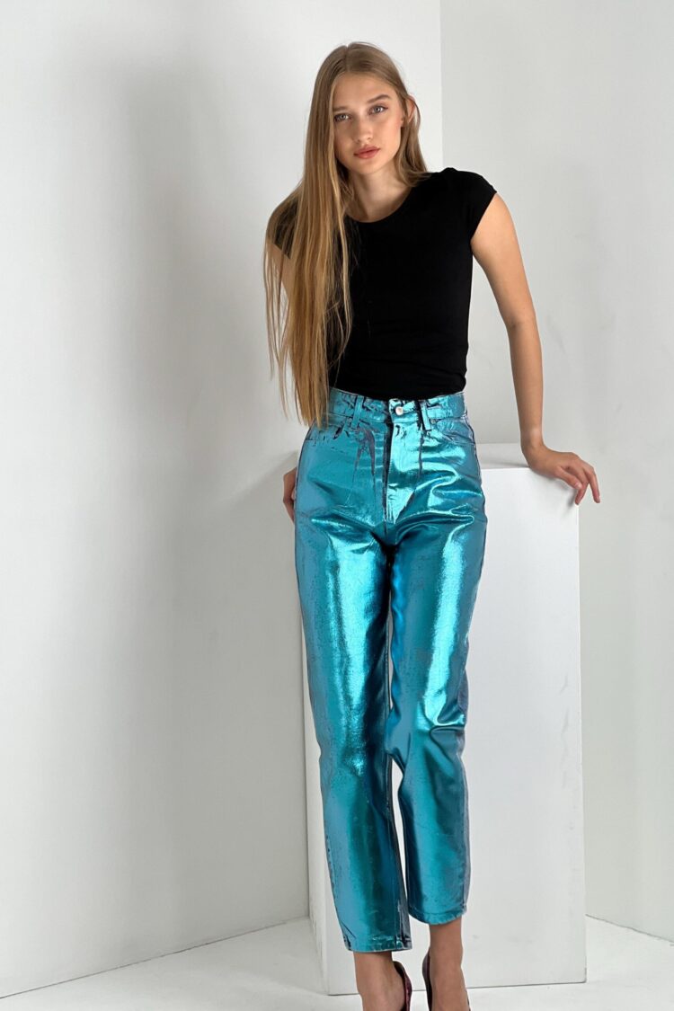 Blue Mom Pants High Waist Cropped Straight Leg