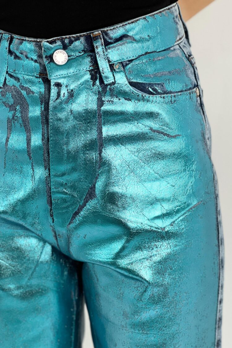 Blue Mom Pants High Waist Cropped Straight Leg