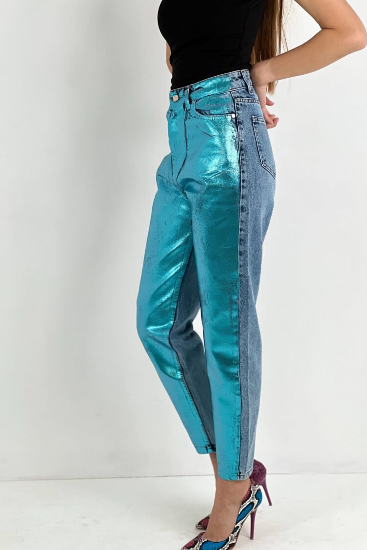 Blue Mom Pants High Waist Cropped Straight Leg
