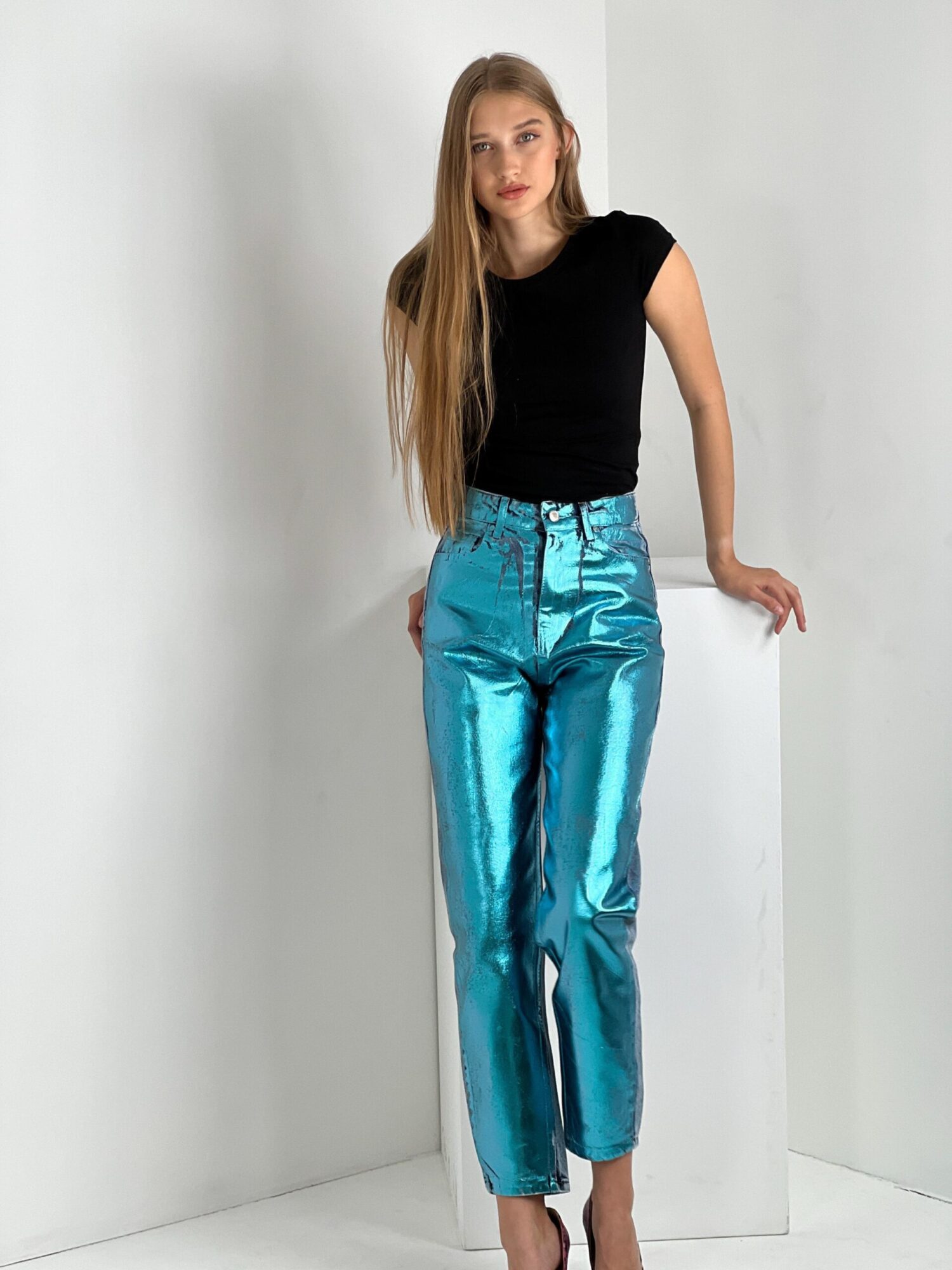Blue Mom Pants High Waist Cropped Straight Leg - Image 20