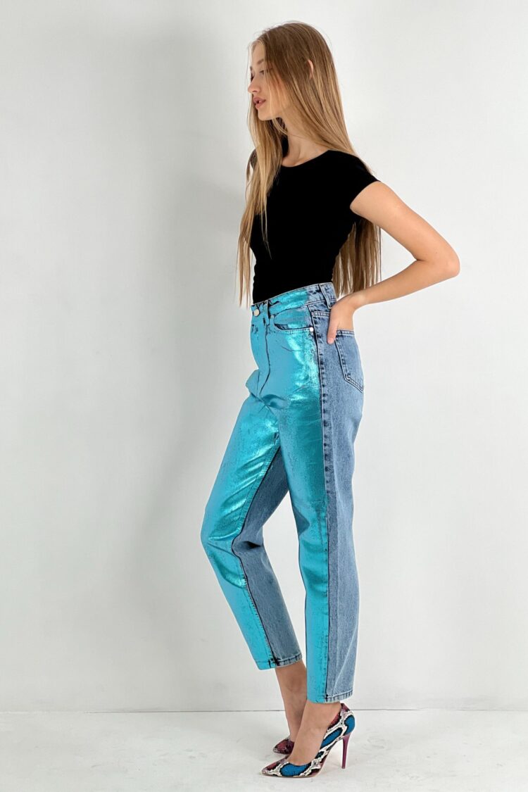 Blue Mom Pants High Waist Cropped Straight Leg