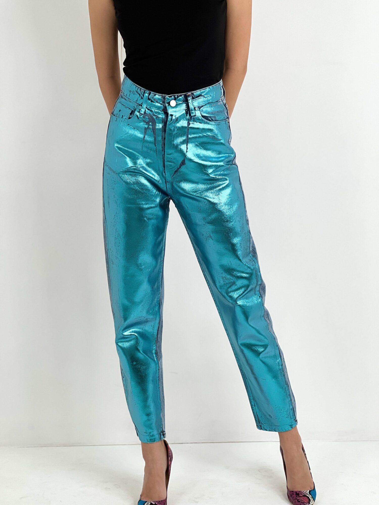 Blue Mom Pants High Waist Cropped Straight Leg - Image 22