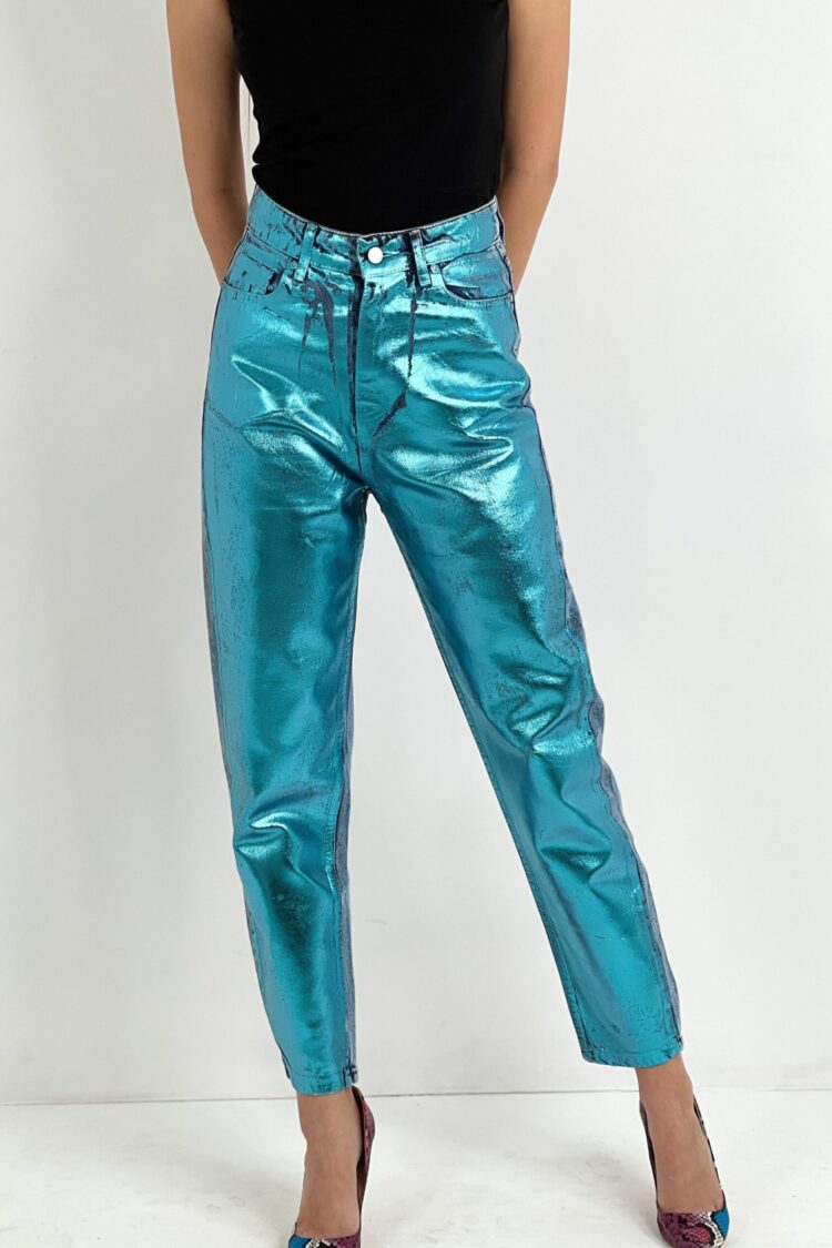 Blue Mom Pants High Waist Cropped Straight Leg