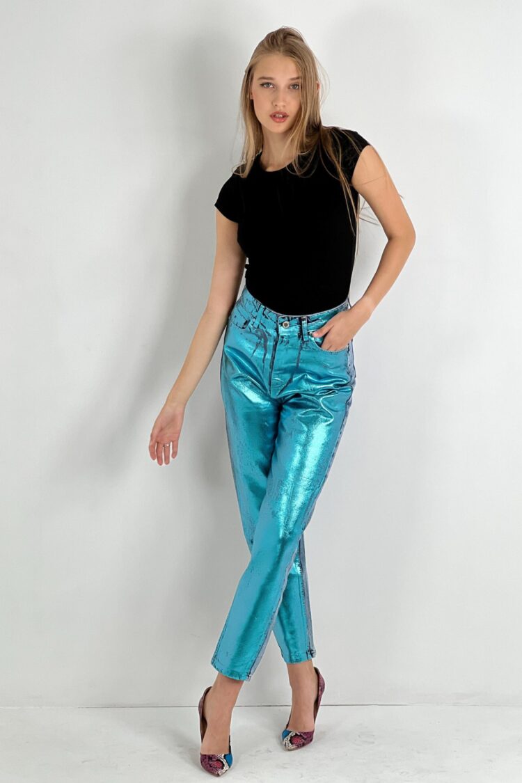 Blue Mom Pants High Waist Cropped Straight Leg
