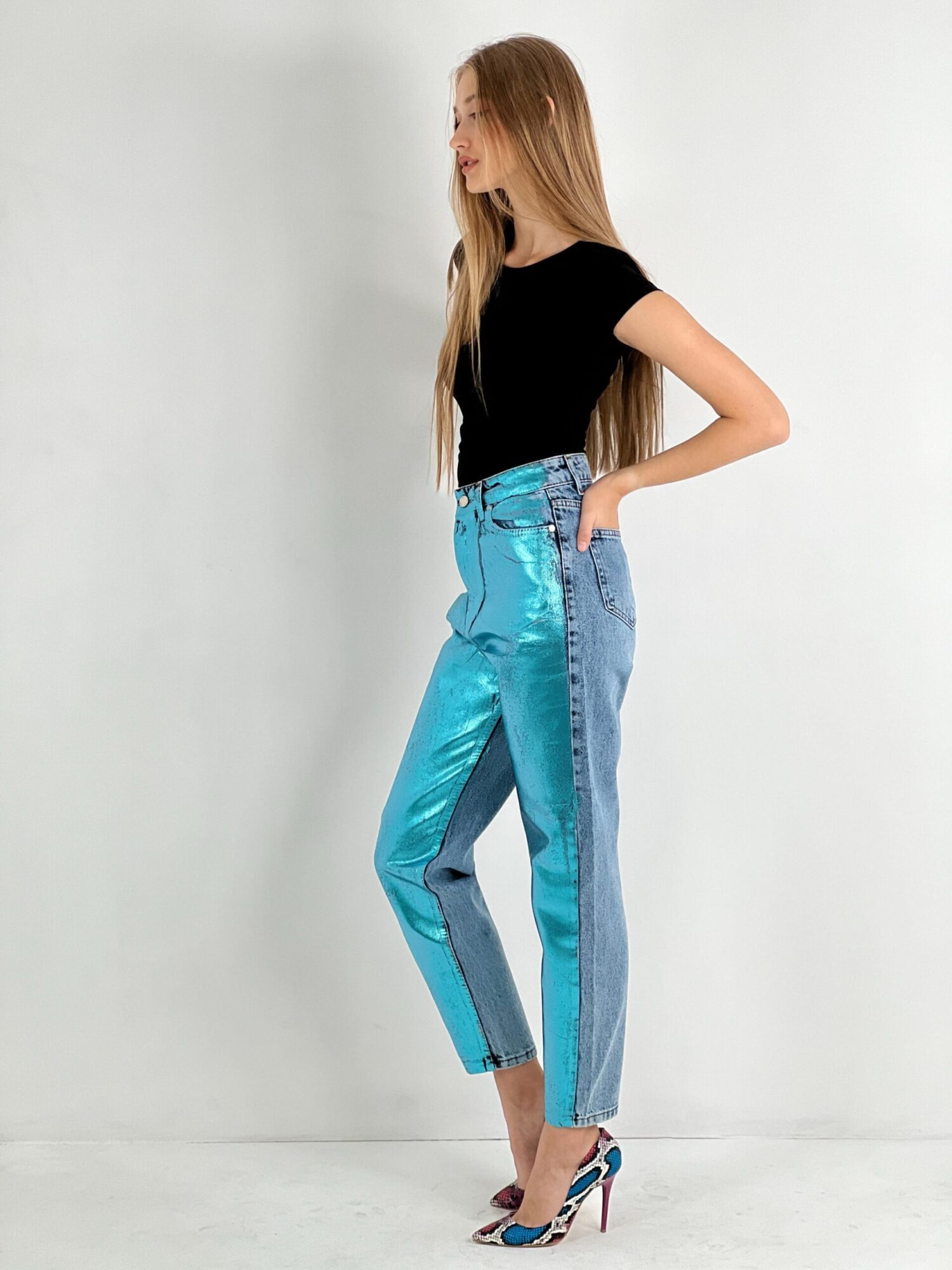 Blue Mom Pants High Waist Cropped Straight Leg - Image 28