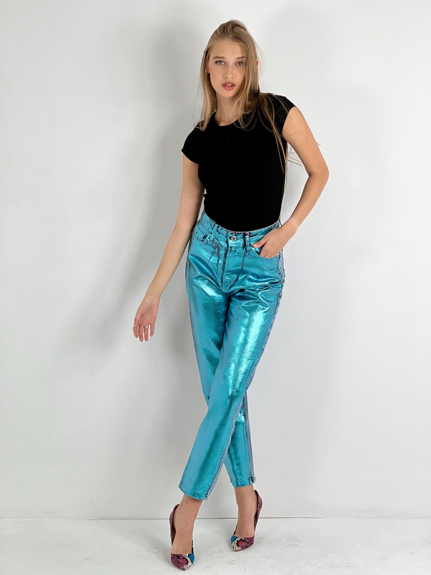 Blue Mom Pants High Waist Cropped Straight Leg - Image 33