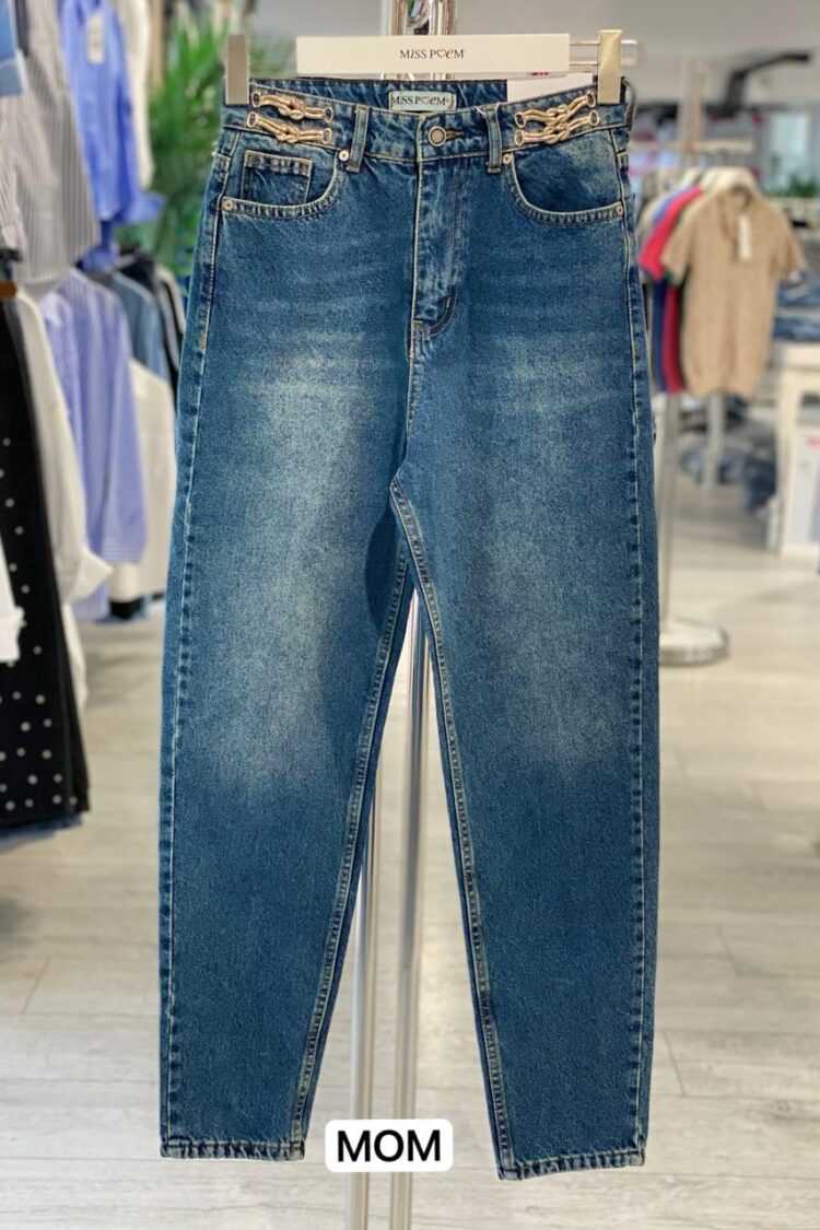 Blue Mom Jeans With Buttoned Closure And Straight Legs - Brand: MISS POEM - Women & Kids, Baby Clothes Wholesale - Globality Store