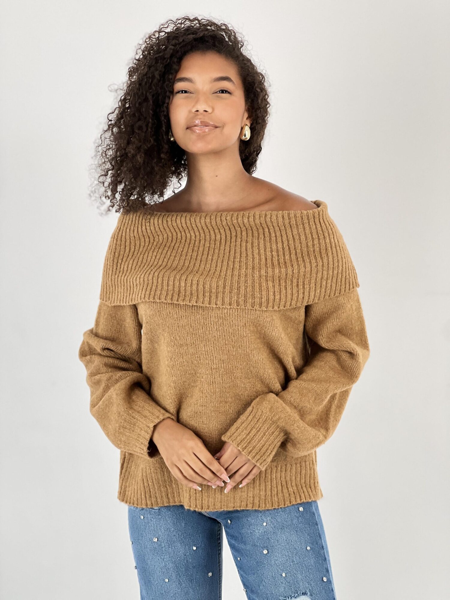Brown Casual Elegant Sweater With Off Shoulder Neck - Brand: MISS POEM - Women & Kids, Baby Clothes Wholesale - Globality Store