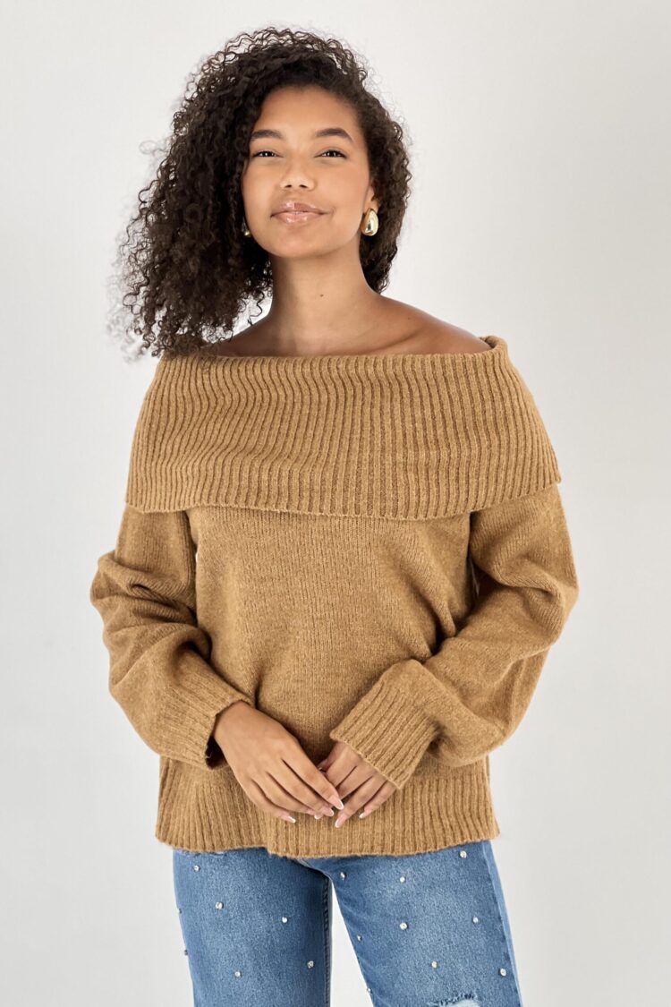 Brown Casual Elegant Sweater With Off Shoulder Neck - Brand: MISS POEM - Women & Kids, Baby Clothes Wholesale - Globality Store