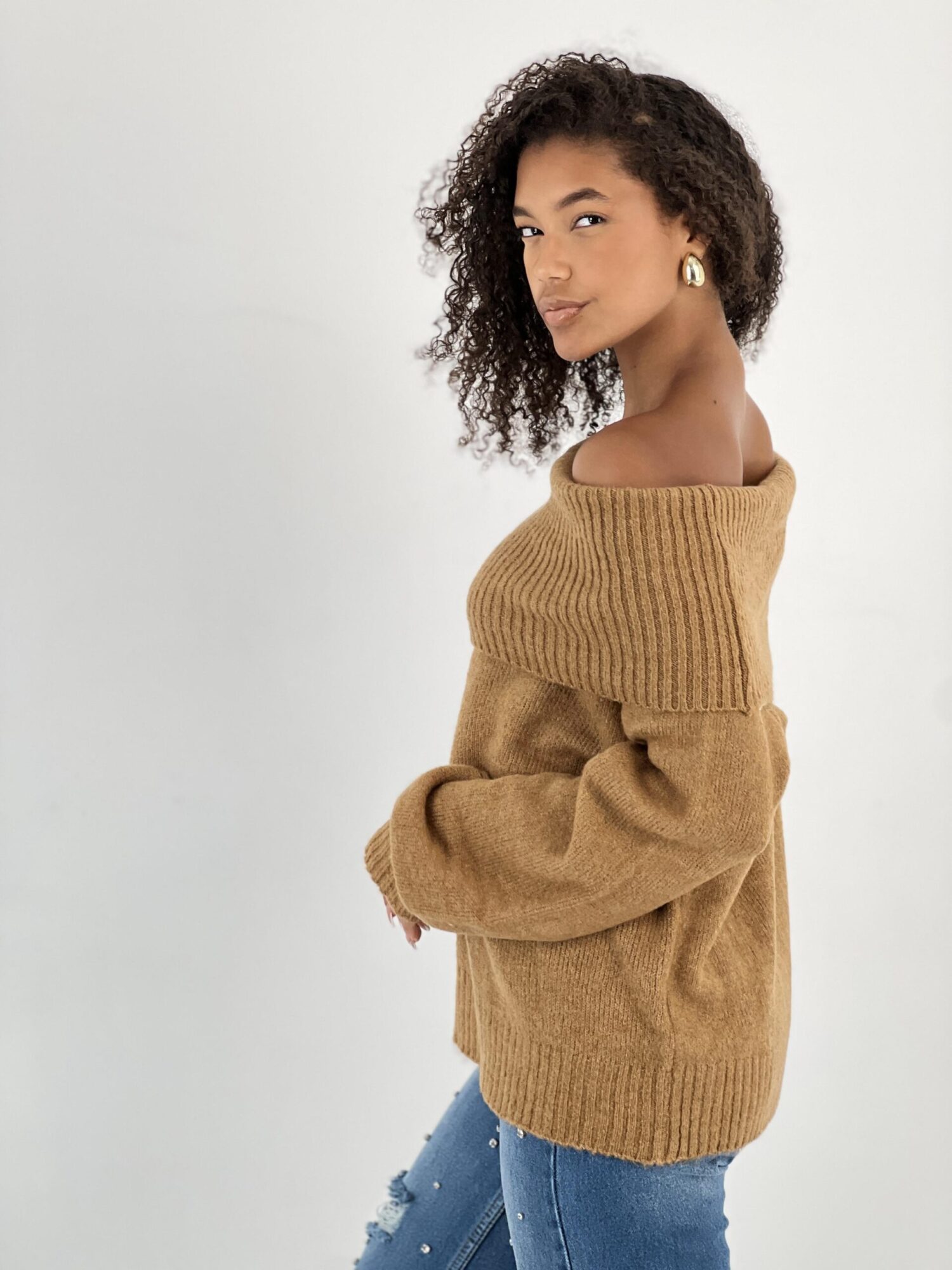 Brown Casual Elegant Sweater With Off Shoulder Neck - Brand: MISS POEM - Women & Kids, Baby Clothes Wholesale - Globality Store