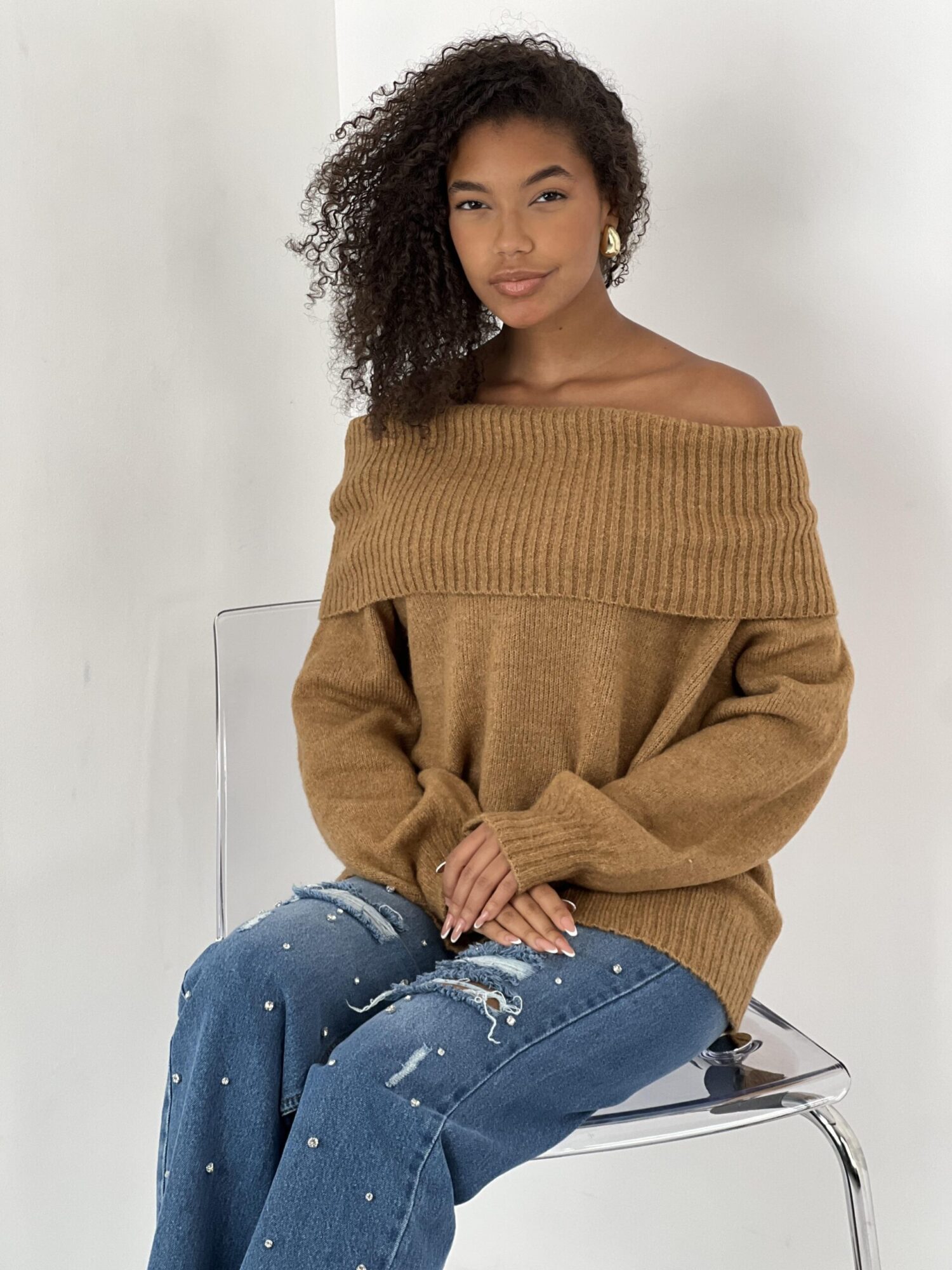 Brown Casual Elegant Sweater With Off Shoulder Neck - Brand: MISS POEM - Women & Kids, Baby Clothes Wholesale - Globality Store