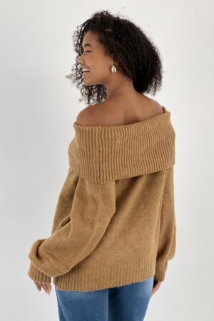 Brown Casual Elegant Sweater With Off Shoulder Neck - Brand: MISS POEM - Women & Kids, Baby Clothes Wholesale - Globality Store