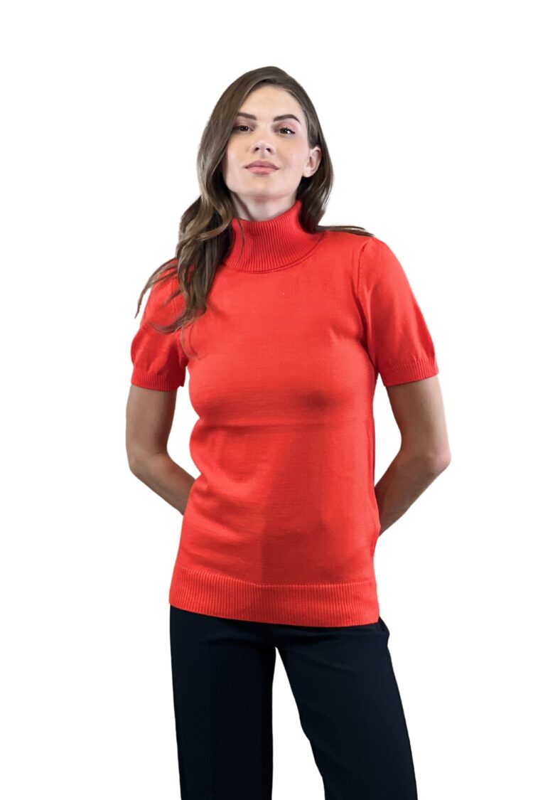 Red Sweater With Puff Half Sleeves And Turtle Neck