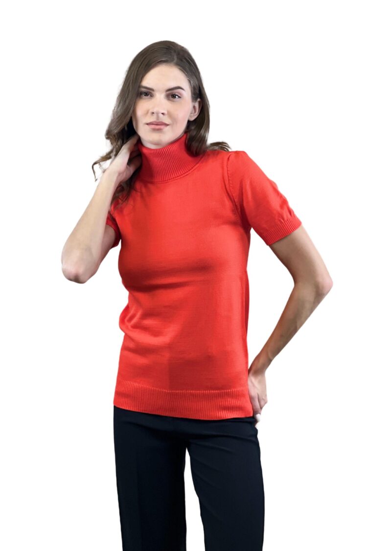Red Sweater With Puff Half Sleeves And Turtle Neck