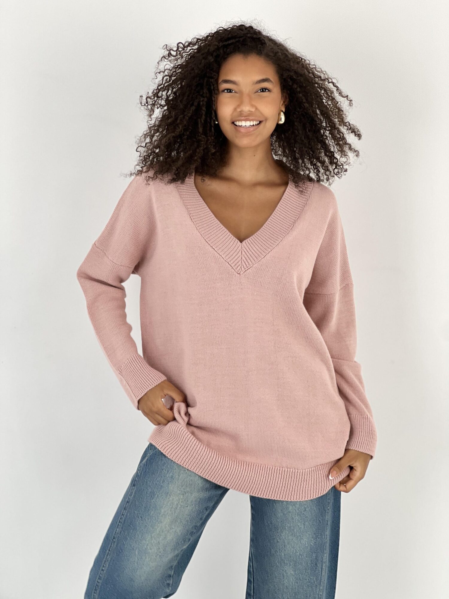 Pink Oversized Fit V-Neck Sweater With Long Sleeves - Brand: MISS POEM - Women & Kids, Baby Clothes Wholesale - Globality Store