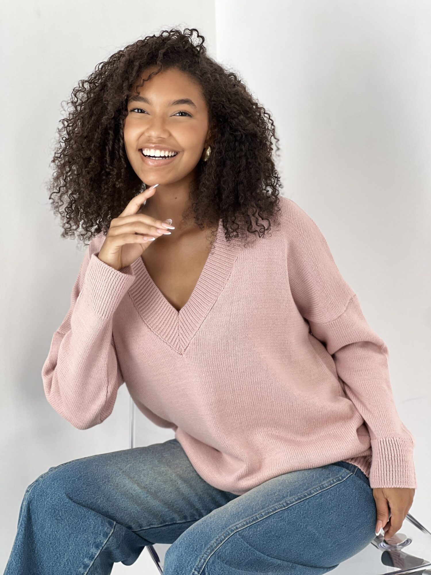 Pink Oversized Fit V-Neck Sweater With Long Sleeves - Brand: MISS POEM - Women & Kids, Baby Clothes Wholesale - Globality Store