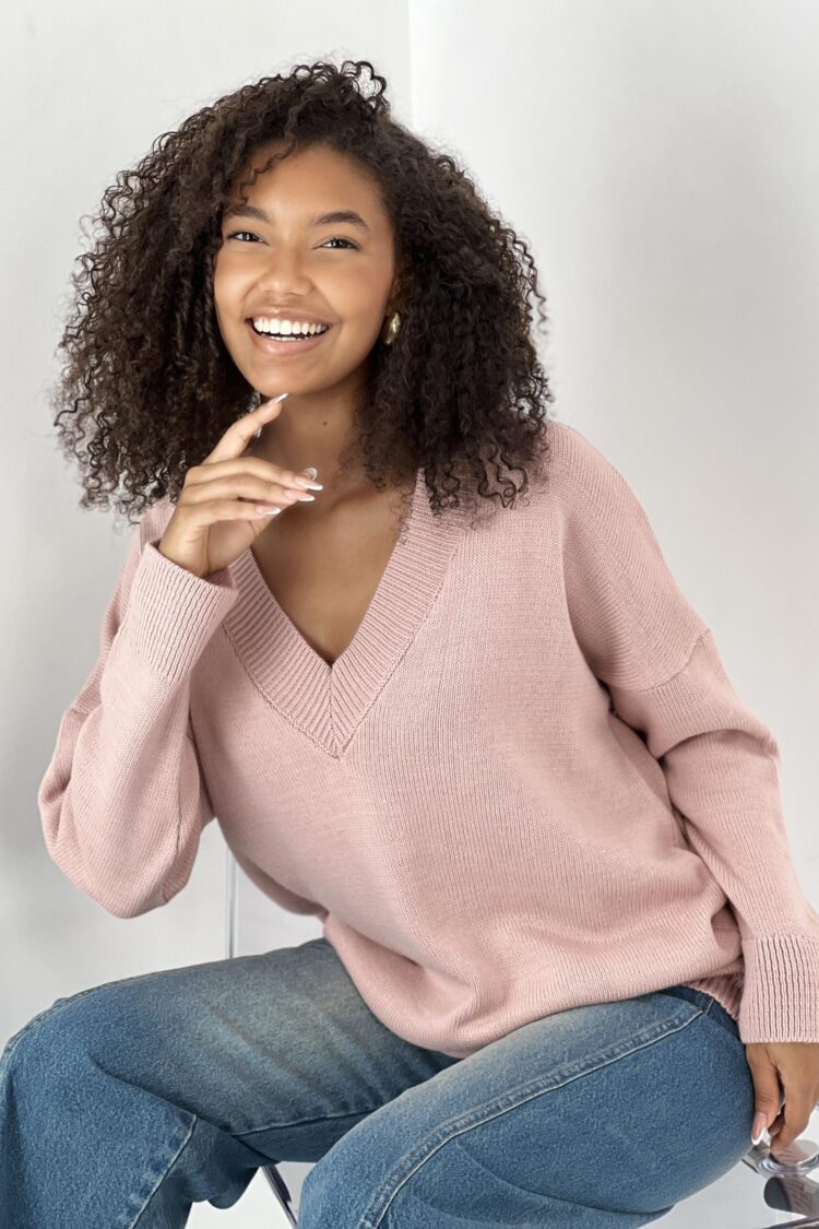 Pink Oversized Fit V-Neck Sweater With Long Sleeves
