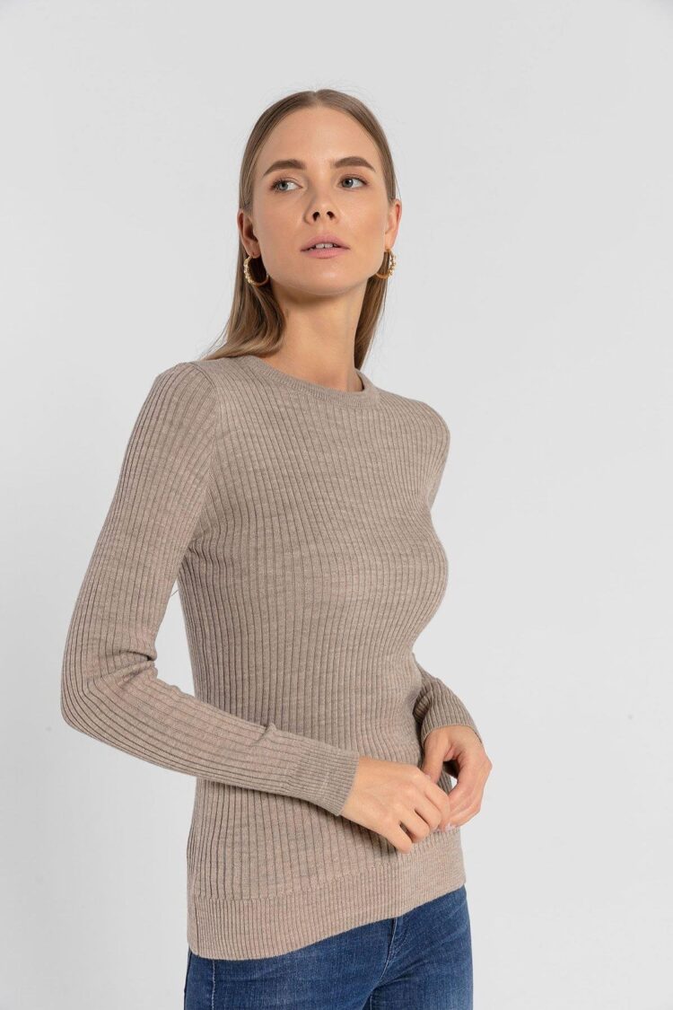 Beige Striped Slim Fit Sweater With Round Neck