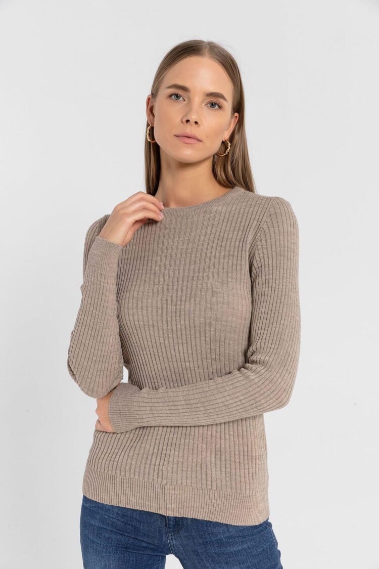 Beige Striped Slim Fit Sweater With Round Neck - Brand: MISS POEM - Women & Kids, Baby Clothes Wholesale - Globality Store