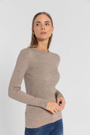 Beige Striped Slim Fit Sweater With Round Neck - Brand: MISS POEM - Women & Kids, Baby Clothes Wholesale - Globality Store