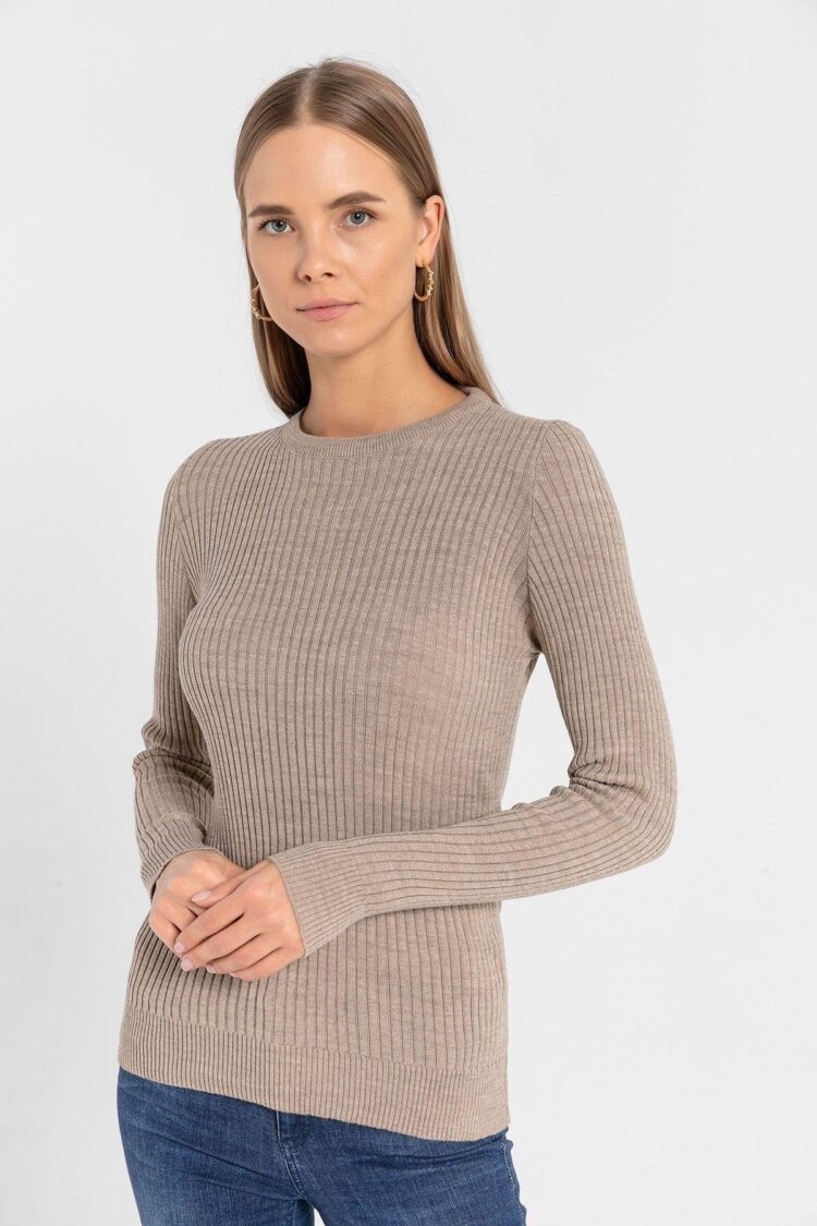 Beige Striped Slim Fit Sweater With Round Neck