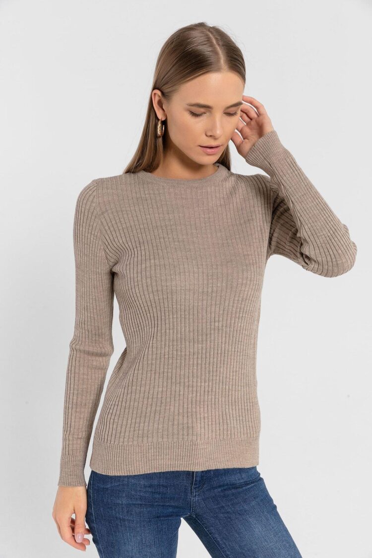 Beige Striped Slim Fit Sweater With Round Neck