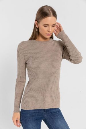 Beige Striped Slim Fit Sweater With Round Neck - Brand: MISS POEM - Women & Kids, Baby Clothes Wholesale - Globality Store